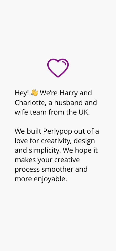 Perlypop: Perler beads - Mensaje introductorio de los creadores de la aplicación Harry y Charlotte con un icono de corazón morado
