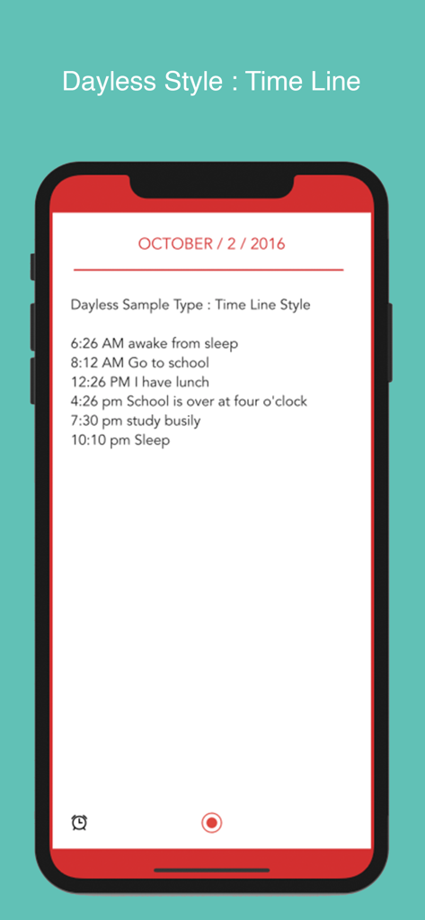 Dayless - Simple Diary App - Dayless app interface displaying a minimalist timeline diary entry with timestamps