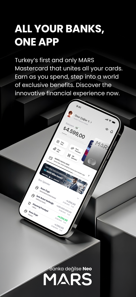 MARS Mobile Finance Services - A smartphone showing the MARS app dashboard with a silver metal card and account balance information.