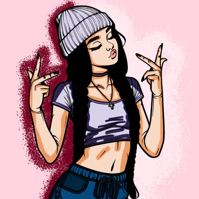 realistic teenage girl with braids and a beanie and crop top doing 🫶🏼