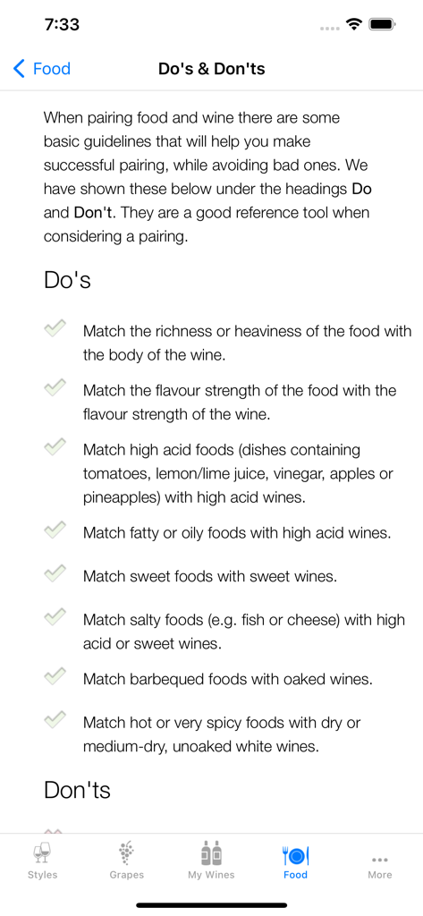Una pantalla que muestra una lista de pautas básicas y consejos para un maridaje exitoso de comida y vino dentro de la aplicación