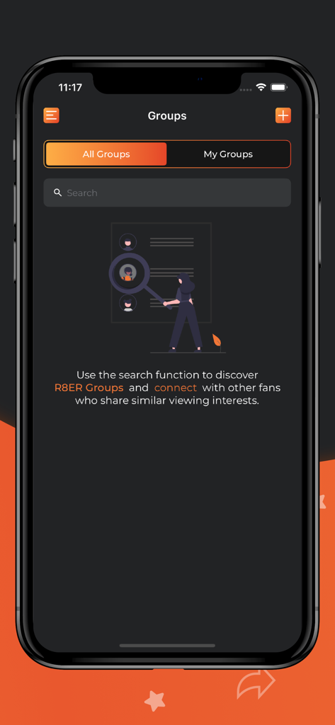 FlikPix- Find Gr8 movies fast - Tela de descoberta de grupos no aplicativo FlikPix para descobrir e conectar-se com grupos de fãs