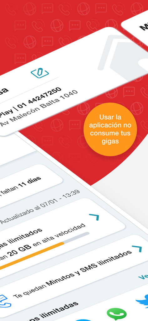Mi Claro Perú - Interfaz de la aplicación móvil Mi Claro Peru que muestra el uso de datos y detalles de la cuenta en español