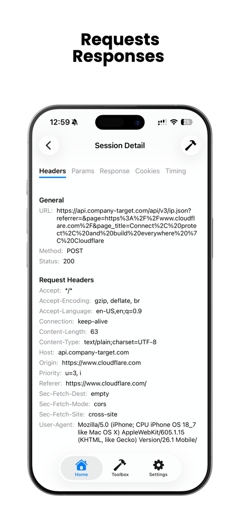 PacketPro app showing HTTP request headers and session details for mobile debugging