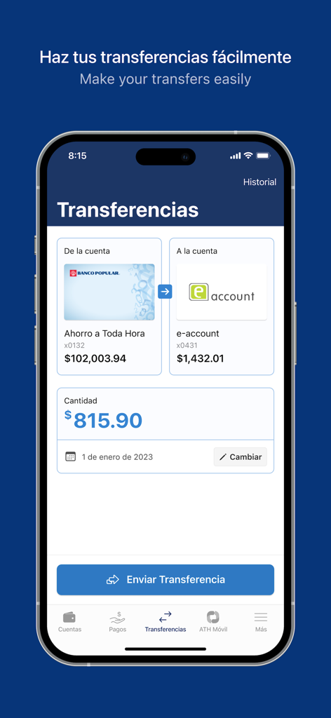 Interface of the Mi Banco Mobile app showing a fund transfer between two Banco Popular accounts