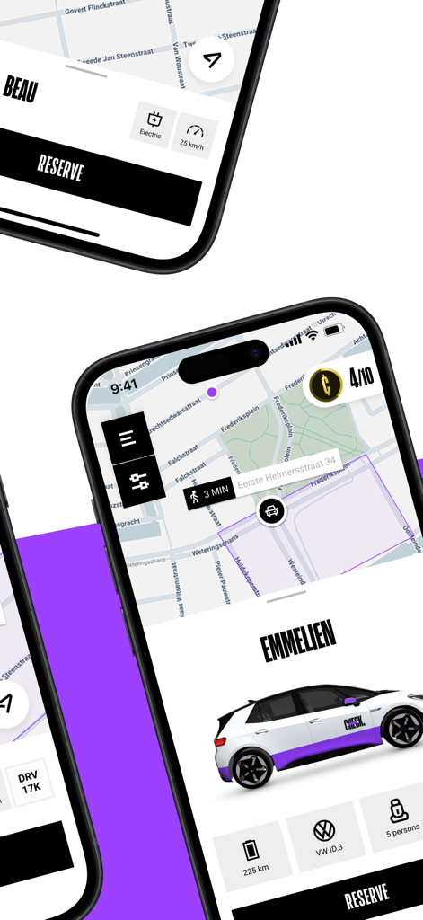 Interface of Check shared mobility app showing reservation screens for electric cars and mopeds on a map