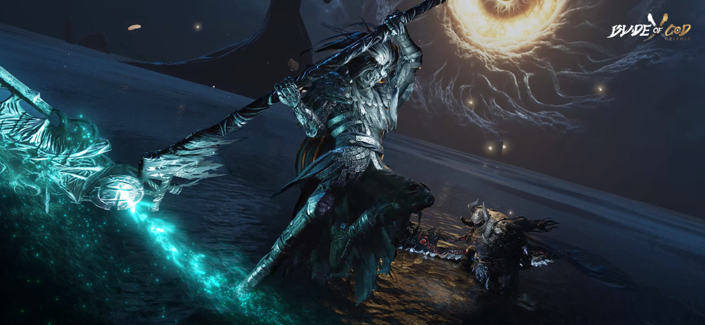 Blade of God X: Orisols - Warrior wielding a glowing scythe in a dark fantasy battle from Blade of God X Orisols