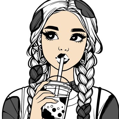 realistic girl with braided hair drinking boba