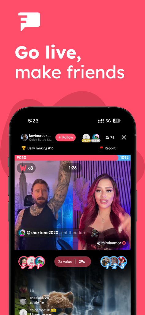 favorited - Un combat en direct en écran partagé sur l'application Favorited montrant deux créateurs et des fonctionnalités interactives pour les spectateurs.