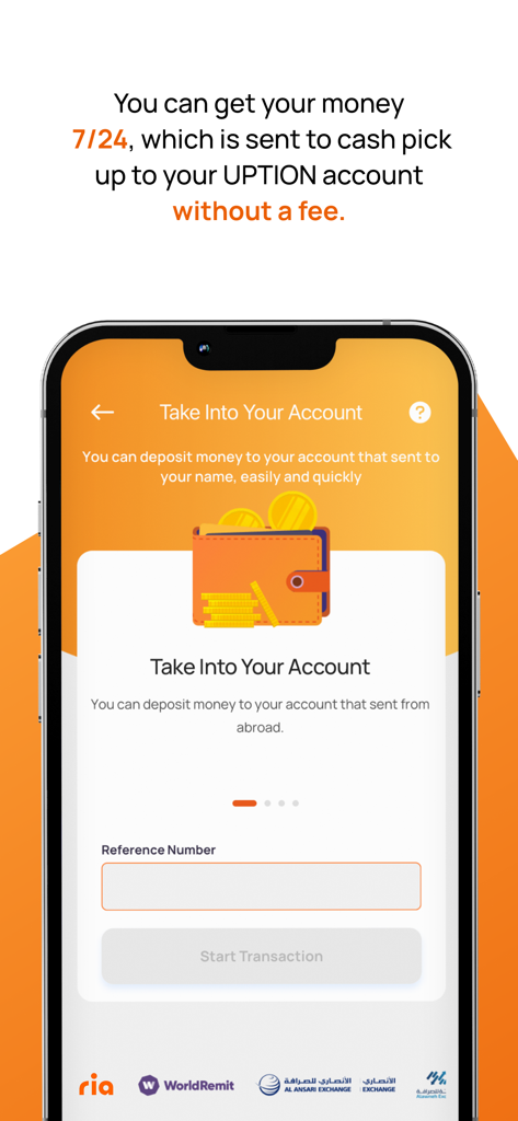 UPTION Para Transferi - Mobile app interface showing the Take Into Your Account feature for international money transfers