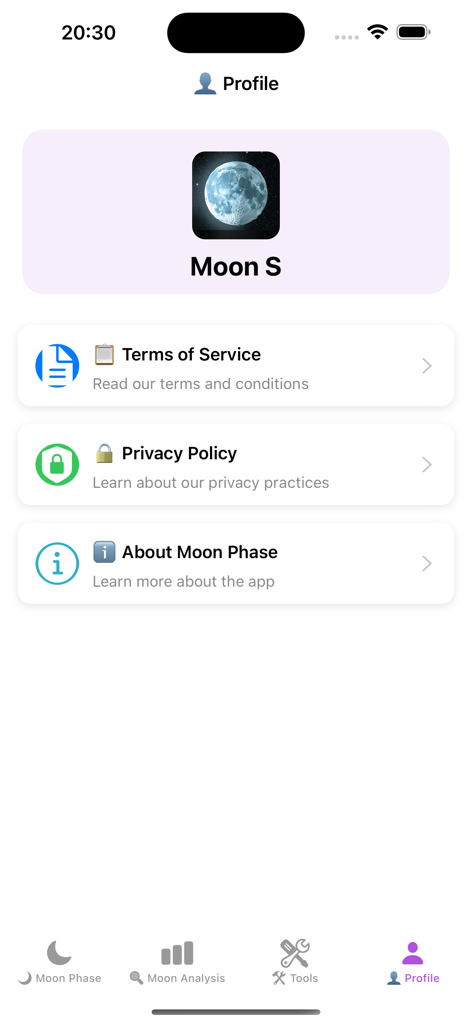 Moon-Lunar Calendar,Moon Phase - Profile screen of the Moon Lunar Calendar app showing terms of service and privacy policy settings.