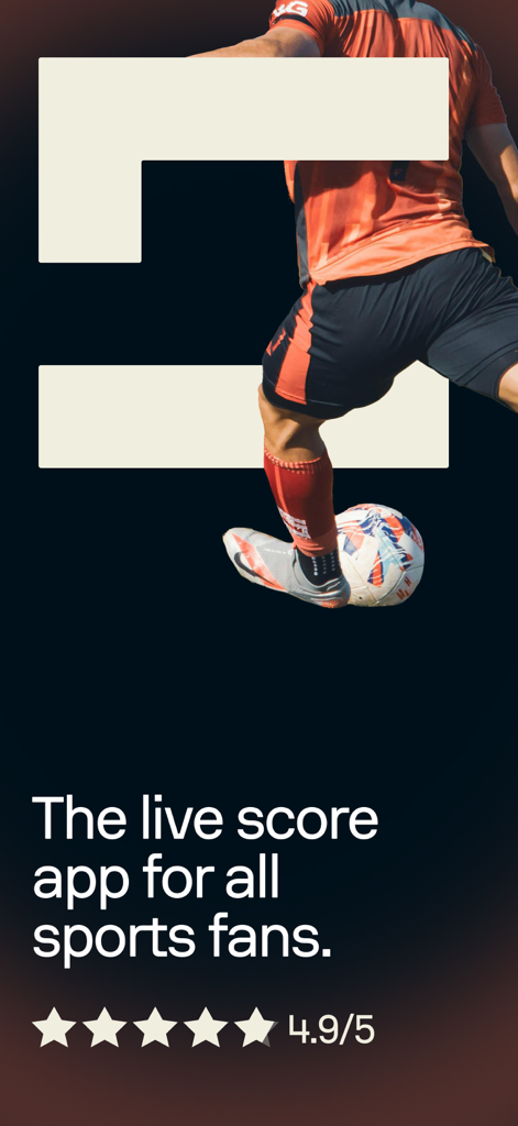 Sofascore promotional image with a soccer player and the text The live score app for all sports fans with a 4.9 out of 5 rating