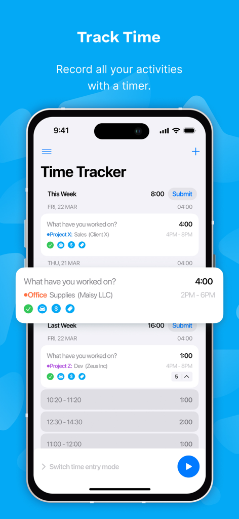 Clockify Time Tracker - Interface de l'application mobile Clockify pour suivre les heures de travail et gérer les tâches de projet