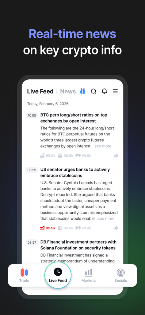 코인니스 라이브 모바일 앱 인터페이스에 표시되는 실시간 암호화폐 뉴스 및 시장 업데이트 피드