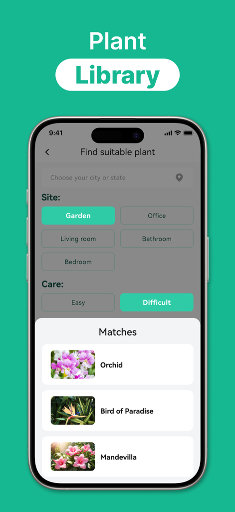 KI-Pflanzen-Identifikator-App-Bildschirm zeigt Empfehlungen für Gartenpflanzen basierend auf Standort und Pflegeaufwand.