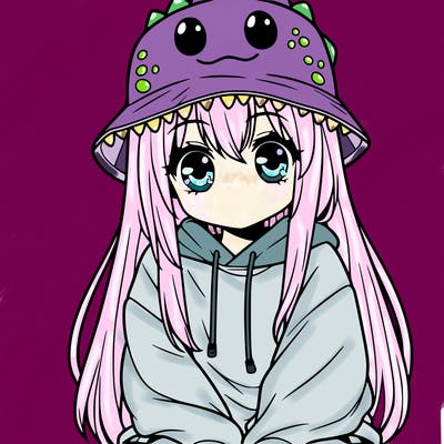 girl with anime shaped eyes with a dinosaur bucket hat oversized sweatshirt long straight hair