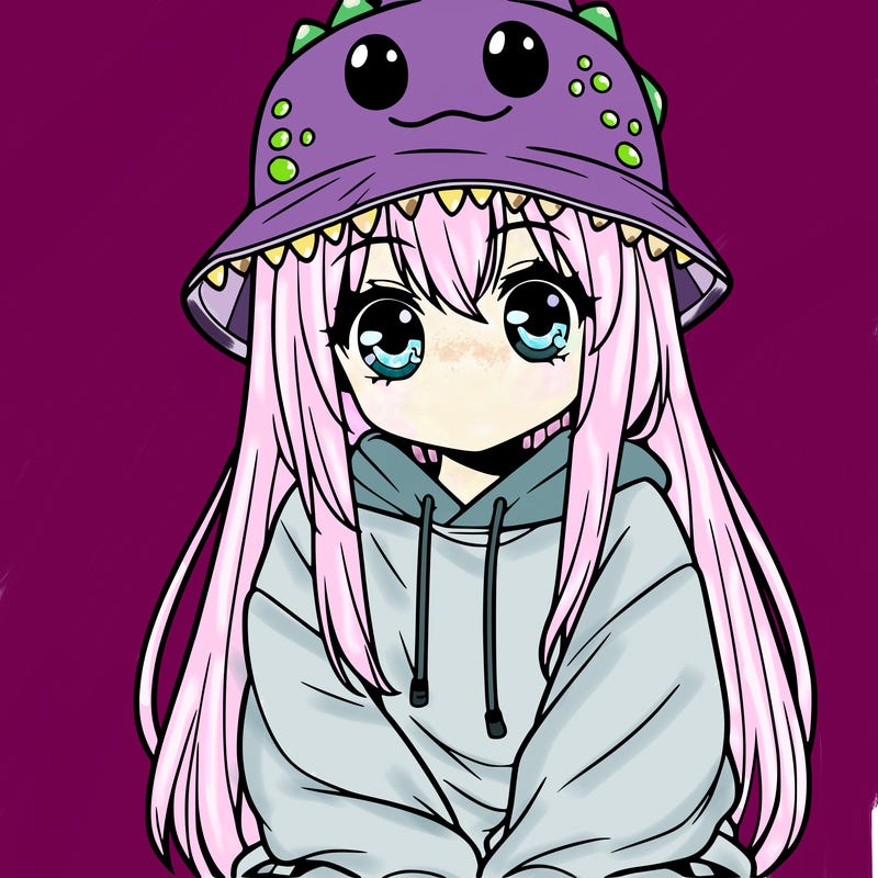 girl with anime shaped eyes with a dinosaur bucket hat oversized sweatshirt long straight hair