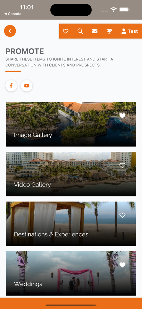 FA Travelty Collection Expert - Pantalla de promoción en la aplicación Experto en la Colección FA Travelty con activos de marketing y galerías para asesores de viajes