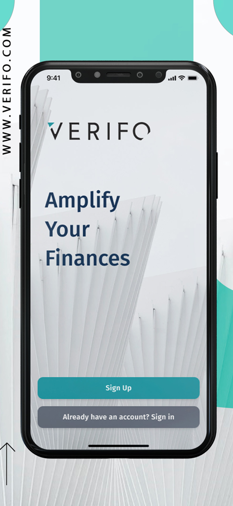 Verifo - Welcome screen of the Verifo fintech app displaying the slogan Amplify Your Finances and sign up options