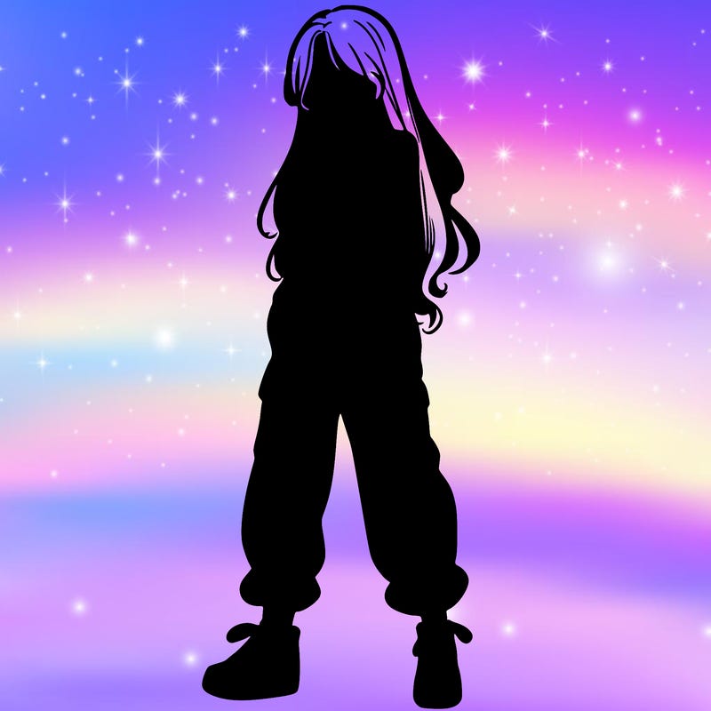 girl in baggy pants crop top and long hair