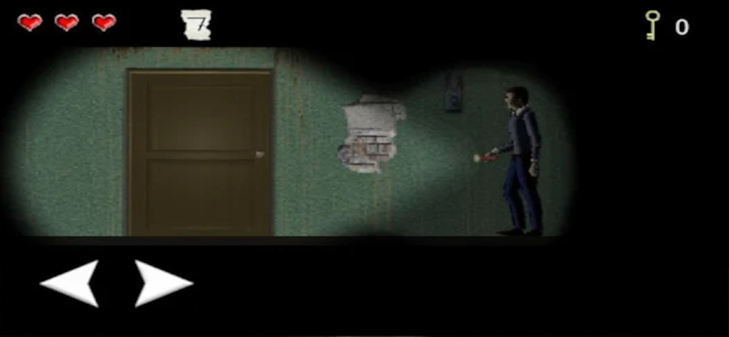 Gameplay de Slendrina 2D mostrando um personagem explorando uma sala escura com uma lanterna e controles de movimento simples