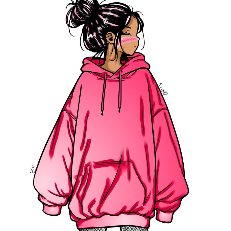 realistic girl with a oversized sweatshirt on and a bun