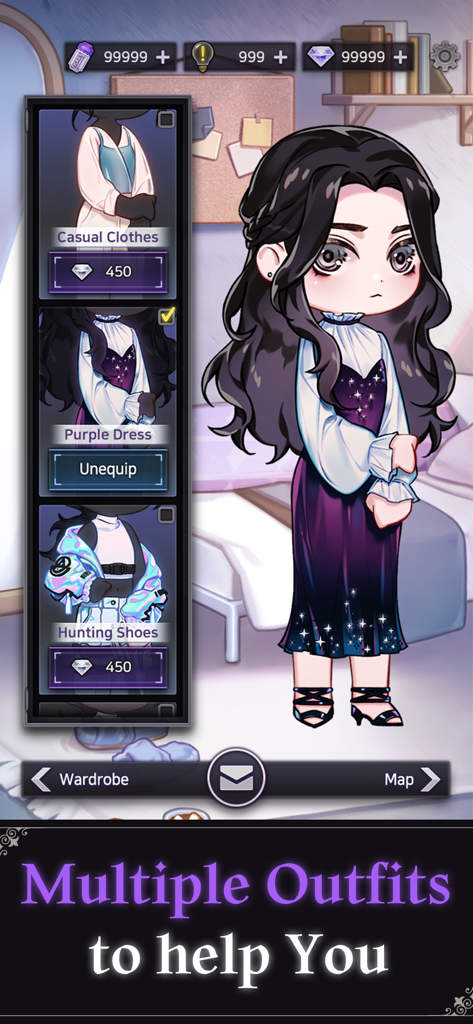 BloodKiss : Vampire romance - Chibi character customization screen in BloodKiss showing various outfit choices like purple dress and casual clothes