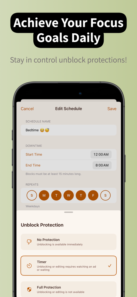 App Time Limit: Screen Leech - Screen Leech app interface showing schedule editing and unblock protection options for digital wellness