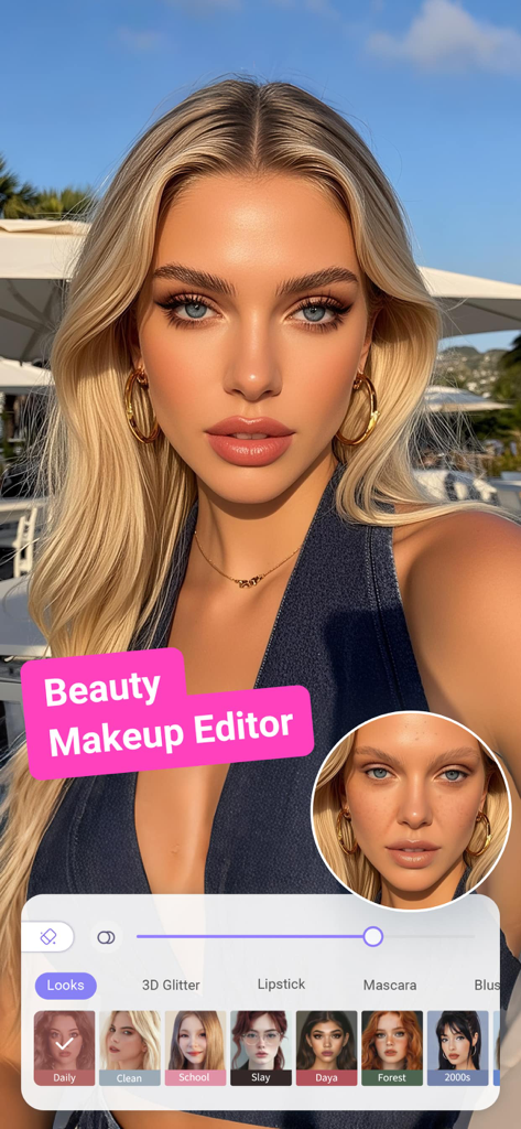 Das Gesicht einer Frau vor und nach der Verwendung des PrettyUp KI-Schönheits-Make-up-Editors, der verschiedene Filteroptionen wie tägliches und schulisches Make-up zeigt