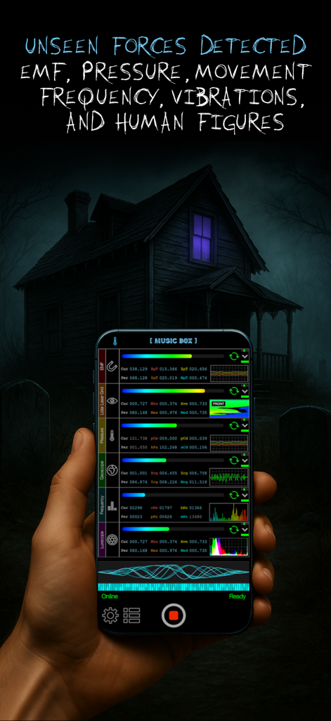 Hand holding a smartphone displaying the Ghost Science M3 interface with real-time sensor data in front of a haunted house.