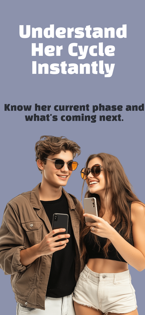 A smiling young couple holding smartphones with text about understanding her cycle instantly