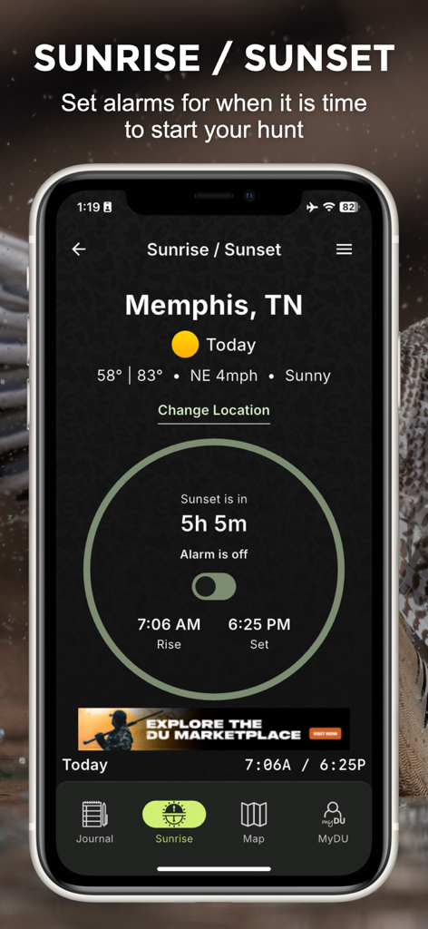 Ducks Unlimited app showing sunrise and sunset times for hunting