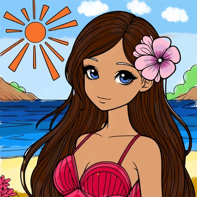 realistic girl with a flower on her hair and standing outside in the sun at the beach with a swimsuit on
