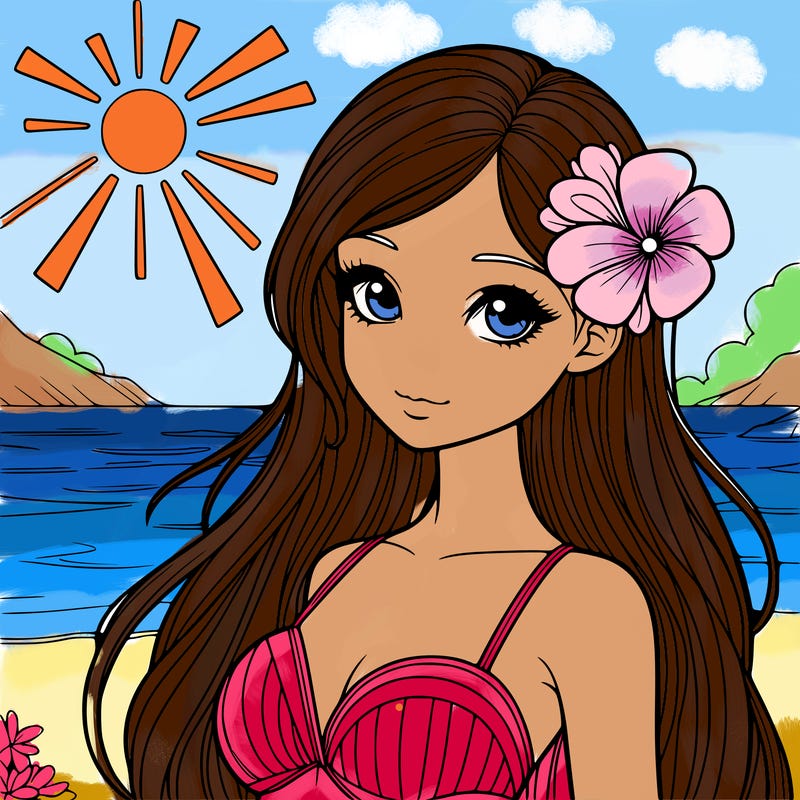 realistic girl with a flower on her hair and standing outside in the sun at the beach with a swimsuit on