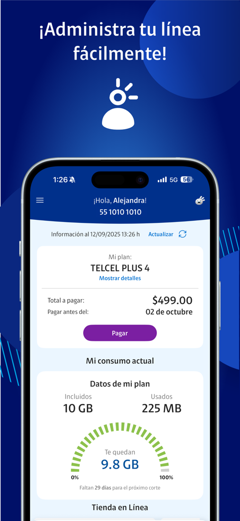 Captura de pantalla de la app Mi Telcel mostrando detalles del plan y consumo de datos