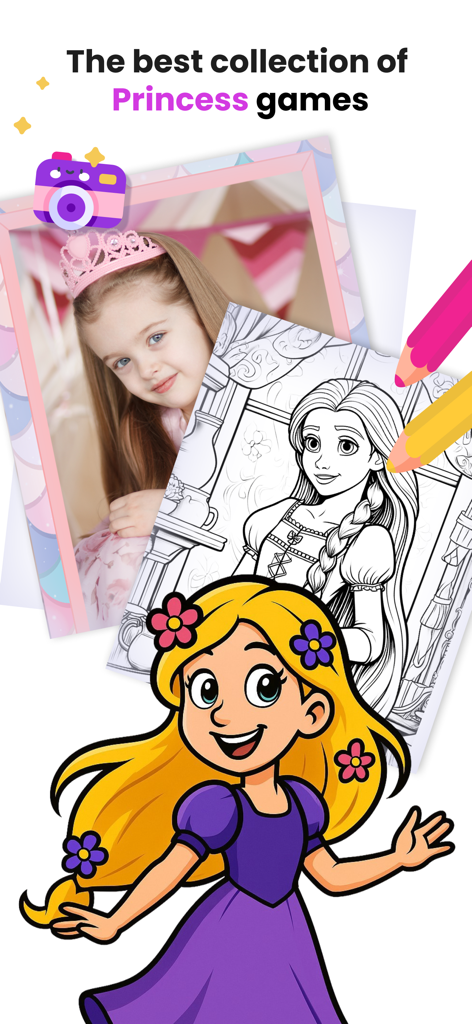 Rapunzel Coloring Book Games - Um aplicativo criativo de colorir princesas com desenhos da Rapunzel e molduras mágicas para crianças