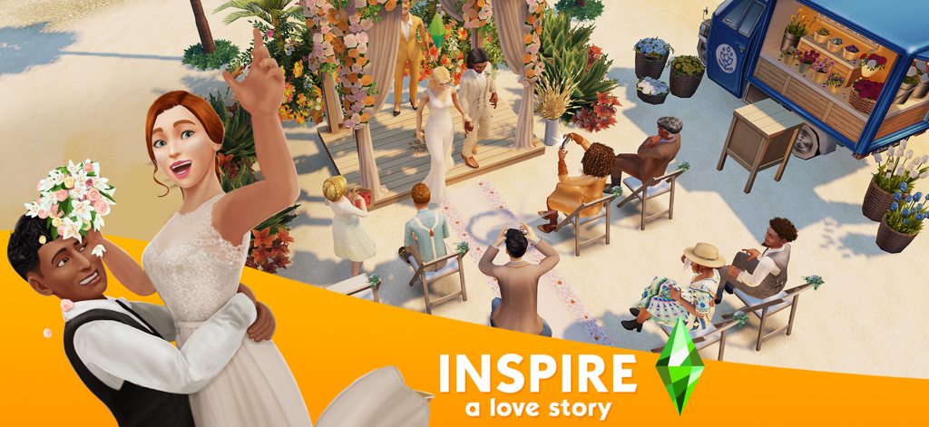 Un grupo de Sims celebrando una ceremonia de boda en una playa de arena con decoraciones florales y un camión de flores.