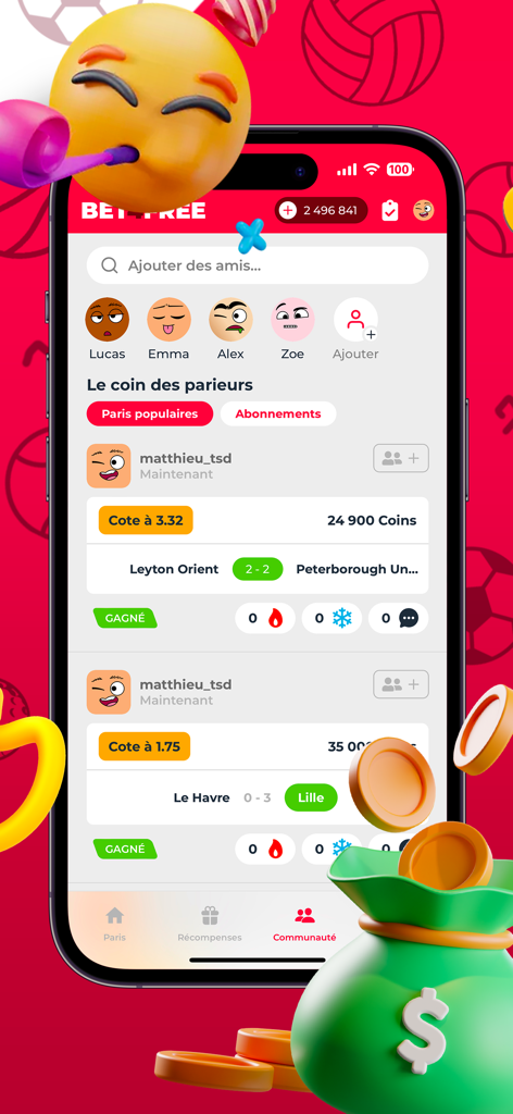 BET4FREE mobile app community screen showing social sports predictions and virtual coins.