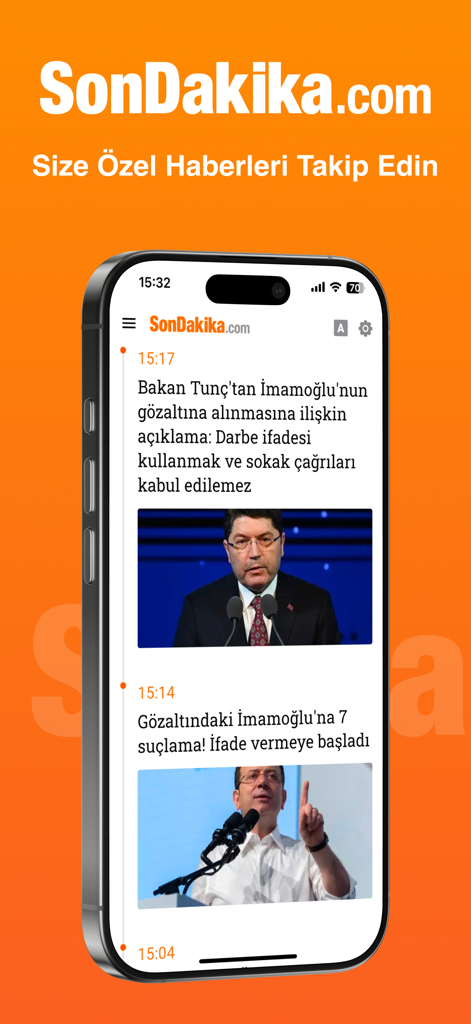 Son Dakika - Mobile interface of the Son Dakika app showing real time Turkish news headlines on an iPhone screen