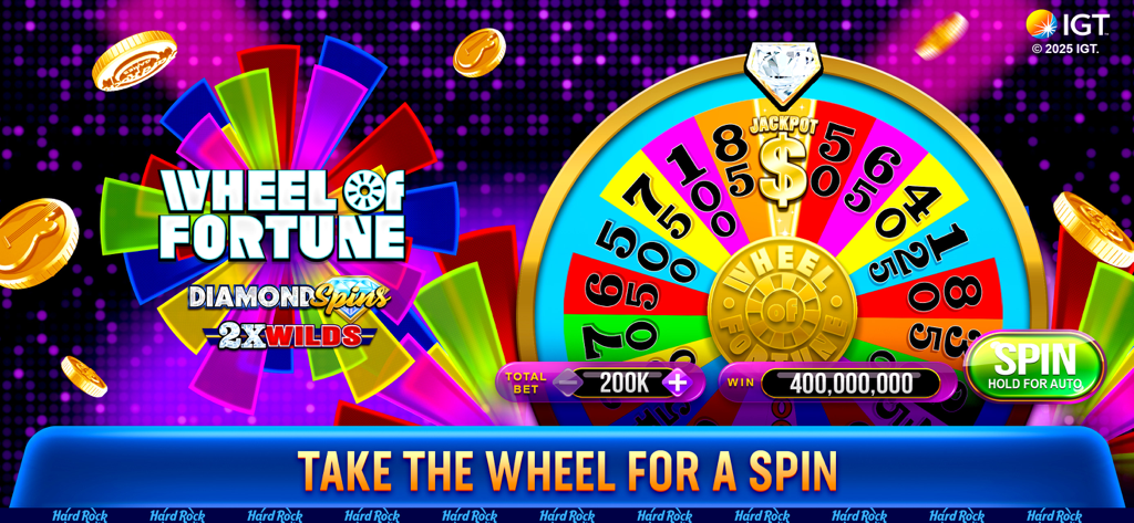 Wheel of Fortune Diamond Spins slot machine game in the Hard Rock Jackpot Planet app