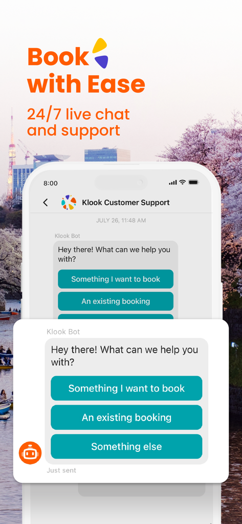 Interface of Klook app customer support chat showing 24/7 live assistance options