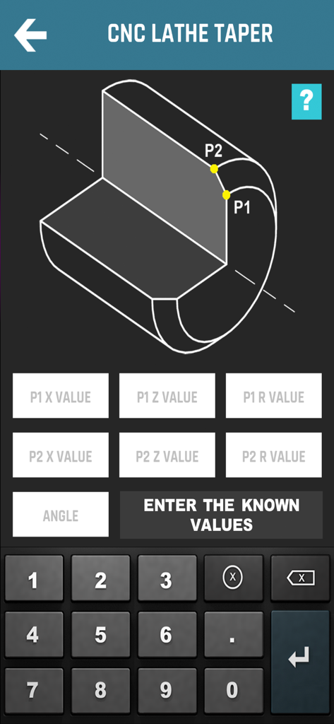 CNC Machinist Calculator Pro - CNC lathe taper calculator interface featuring a part diagram and coordinate input fields