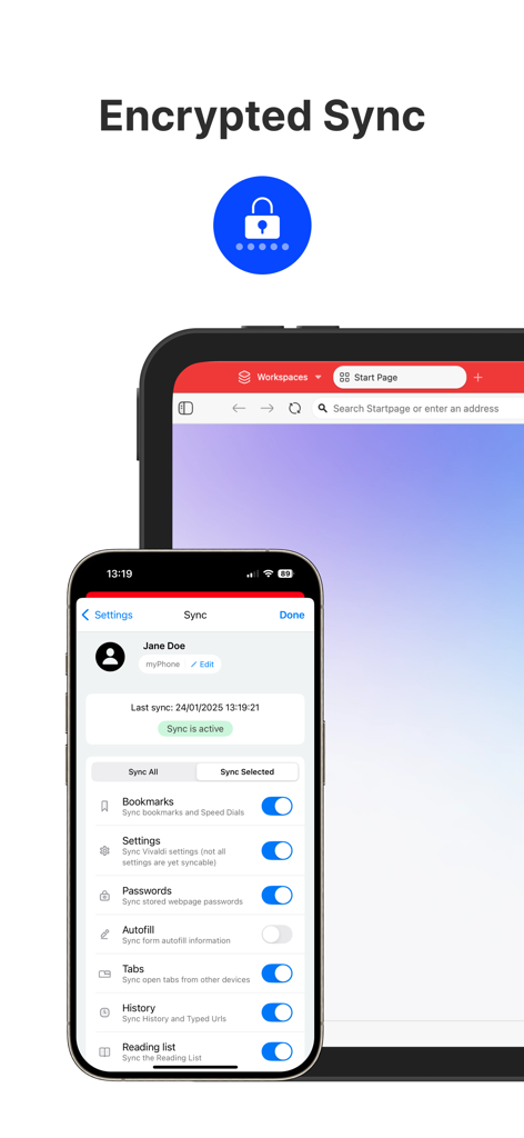 Paramètres de synchronisation cryptée pour le navigateur Vivaldi sur iPhone et iPad