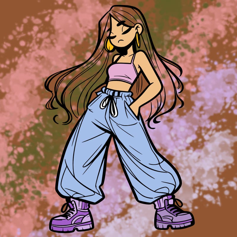 girl in baggy pants crop top and long hair