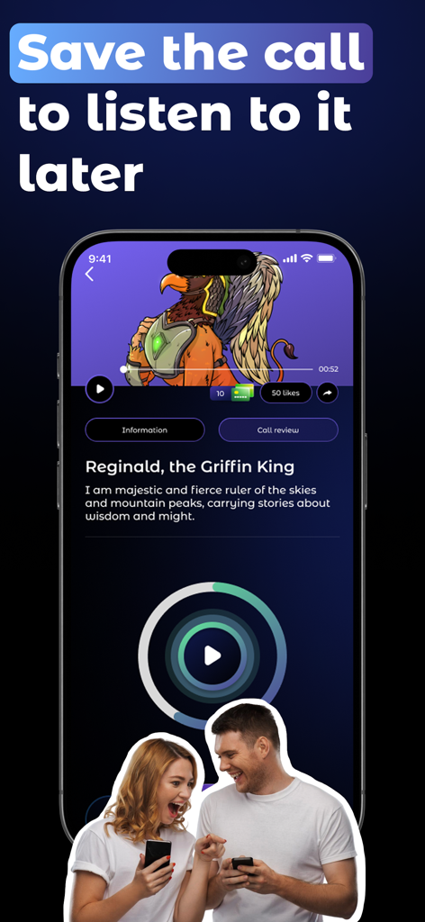 Better Call Timmy - Interfaz de la aplicación Better Call Timmy mostrando una repetición de llamada de voz de IA guardada con un personaje de grifo y dos usuarios riendo.