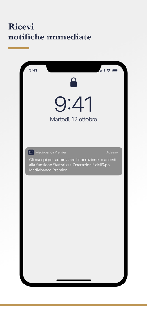 Mediobanca Premier - Notifica push dell'app Mediobanca Premier sulla schermata di blocco di un iPhone per una rapida autorizzazione delle operazioni