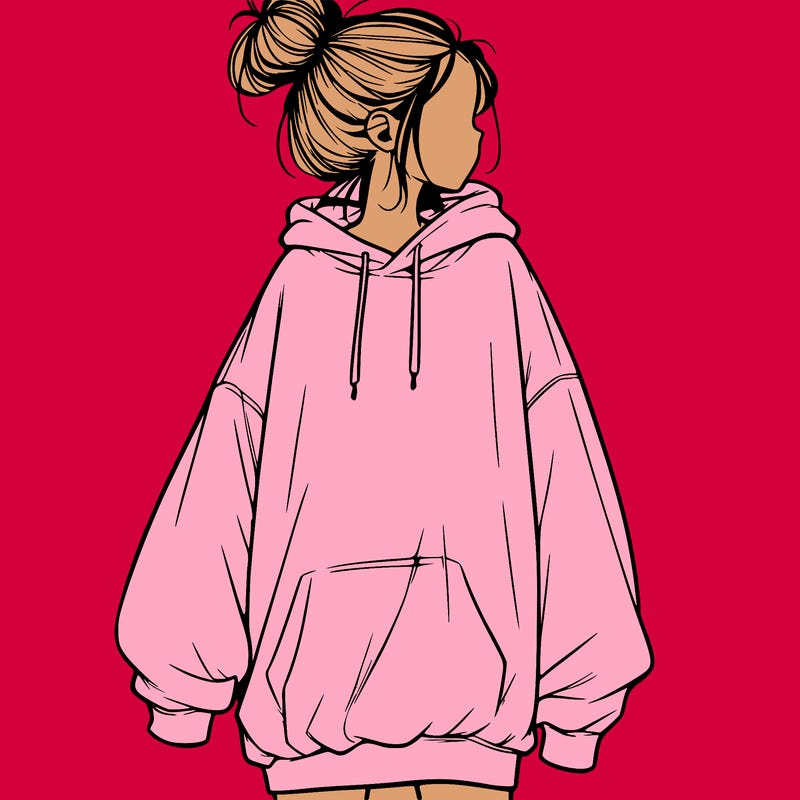 realistic girl with a oversized sweatshirt on and a bun