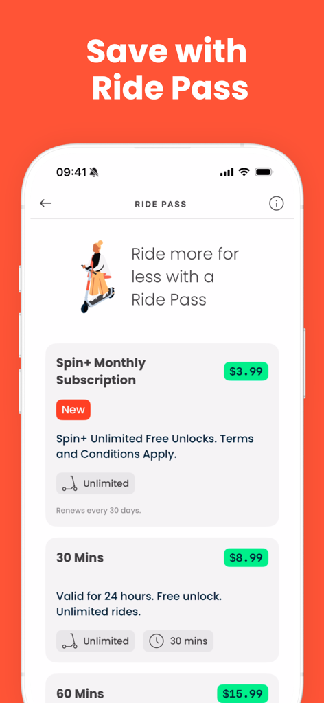 Spin mobile app screen displaying different ride pass and monthly subscription plans for electric scooters