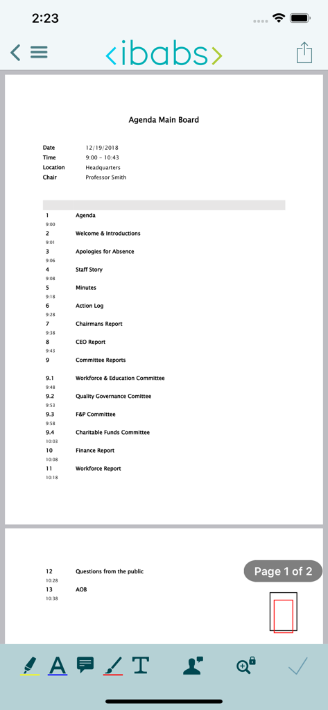 A digital board meeting agenda on the iBabs app with built-in annotation tools