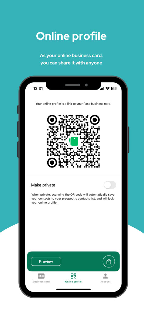 Nami - A business card - Schermata del profilo online dell'app Nami che mostra un codice QR per condividere un biglietto da visita digitale